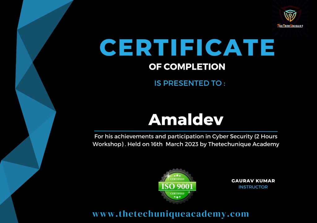 Thetechunique Academy Cyber Security Workshop Certificate